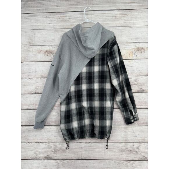 Maniere De Voir Split Flannel Fleece Hoodie Womens 8 Gray Black White Drawstring - Picture 2 of 12
